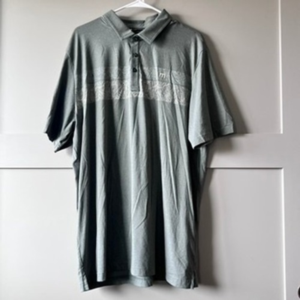 Travis Mathew Mens Polo Shirt Gray Heathered Tropical Palm Print Golf Top‎ Large